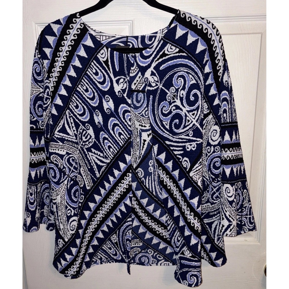 Chico's Travelers Cardigan Jacket 2 = L Crinkle Blue Tribal Print Lightweight